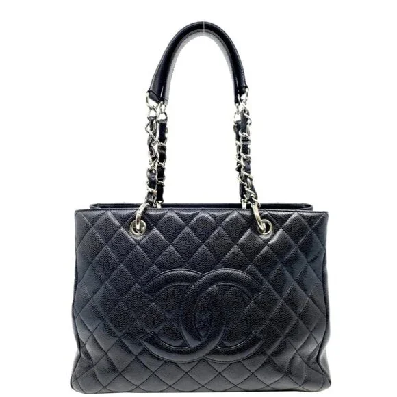 Authentic CHANEL GST Caviar Grand Shopping Tote Quilted Chain Shoulder Bag Purse